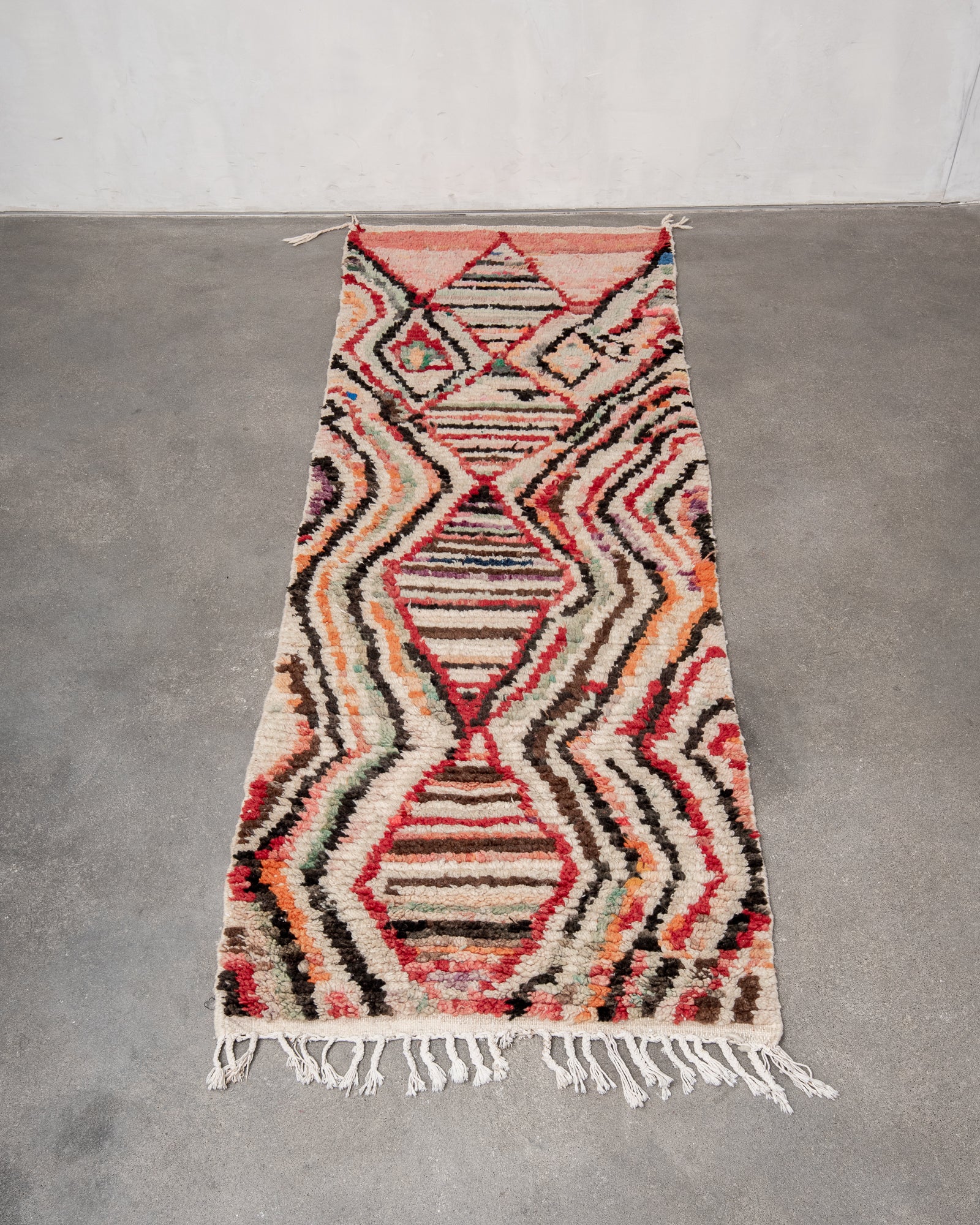 Modern designer handcrafted Berber runner rug from Morocco. Beniourain with beautiful colours and patterns.